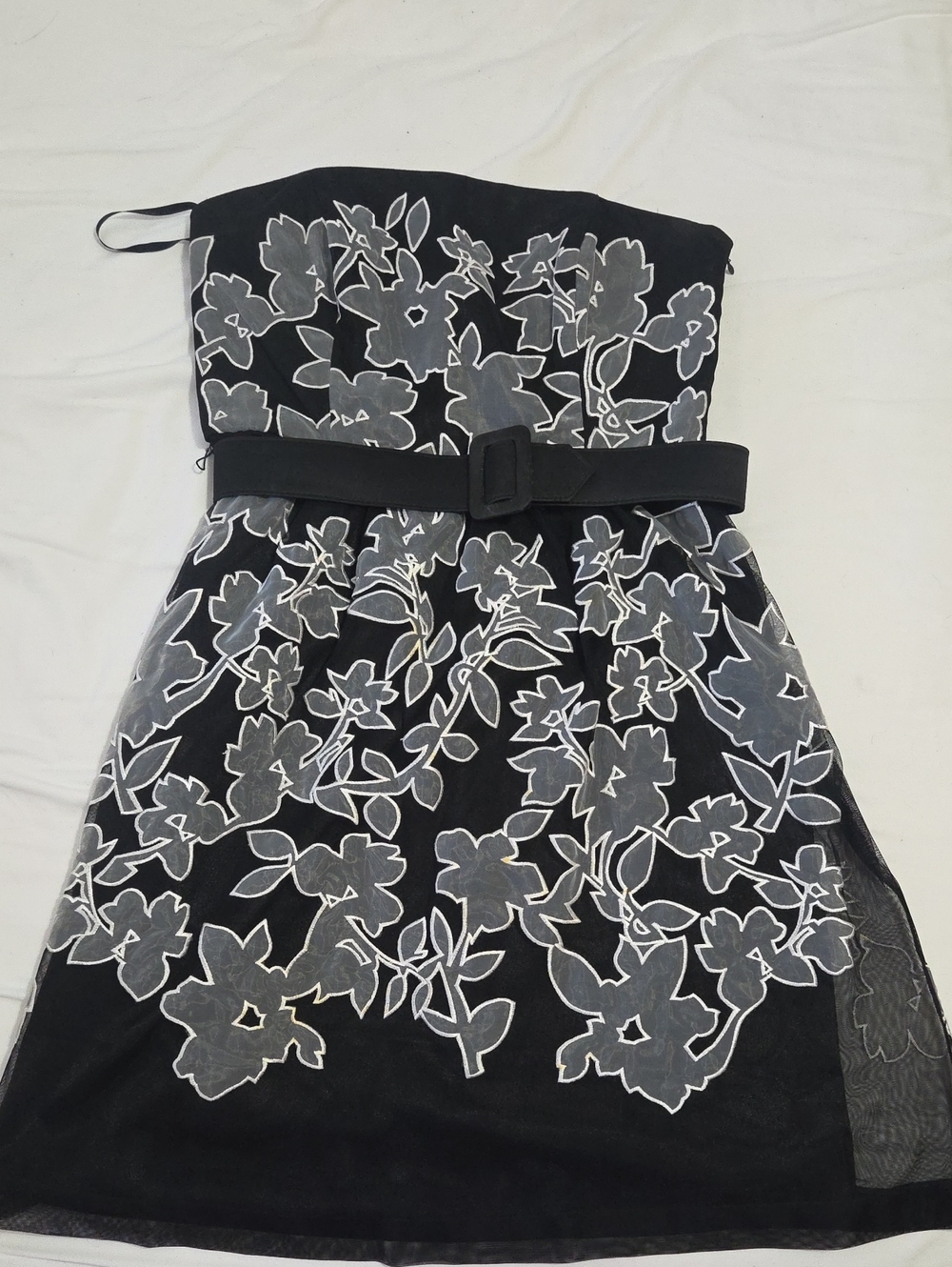 White House Black Market Black Strapless Floral Mesh Dress with Belt